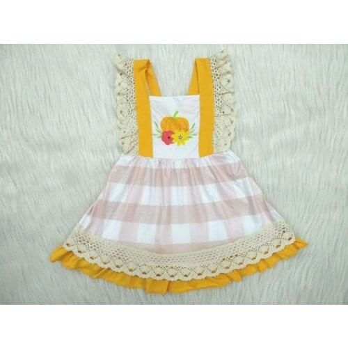 Wholesale/retail pumpkin dress baby girls sweet lace plaid dresses kid boutique summer childrens frocks