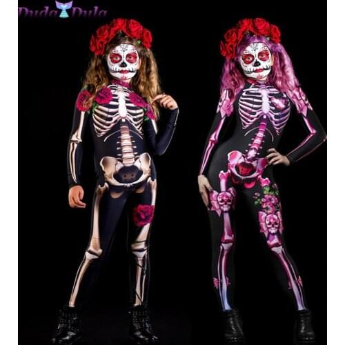 Sexy Women Girl Halloween Skeleton Rose Scary Cosplay Jumpsuit Devil Ghost Jumpsuit Party Carnival Performance 3D Print Bodysuit