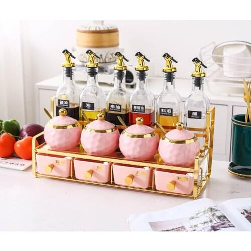 Nordic Luxury Spice Rack Shelf Ceramic Salt Pepper Sugar Bowl Oil Vinegar Bottles Spice Rack Container Especiero Kitchen Tools 5