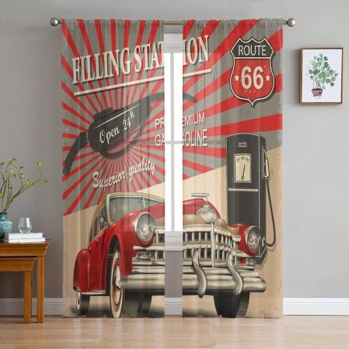 Retro Car Poster Route 66 Print Sheer Window Panel Curtains Room for Living Room Bedroom Kitchen Room Chiffon Tulle Curtains
