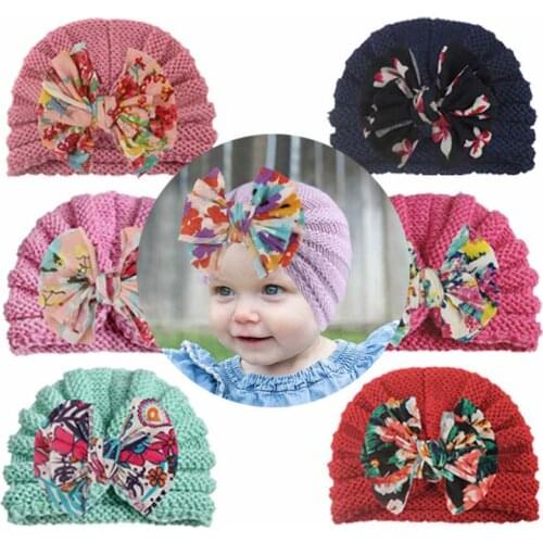 Newborn Fetal Cap Baby Caps Printed Bowknot Hat Childrens Warm Knitted Hat Baby Pullover Knotted Hat Headwear Baby Hair Band