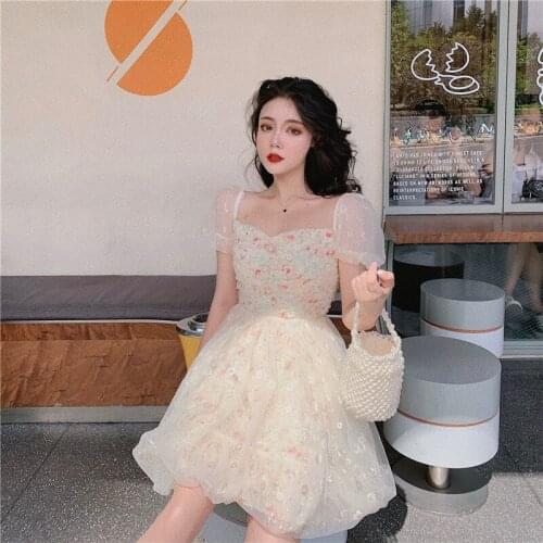 Sweet Square Collar Floral Printed Princess Party Dress Summer High Waist Cute Puff Sleeve Mesh Dress Fluffy Lolita Mini Dress
