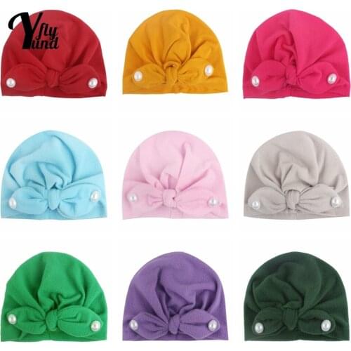 Yundfly Newborn Hats with Pearl Rabbit Ear Knot Cotton Blends Turban Beanie Caps Baby Girls Headwear Birthday Gifts Photo Props