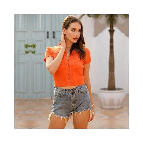 Summer T-shirt Womens Lapel Button Short Sleeve Solid Color Show Thin Section Exposed Navel Short Cardigan Trend Sexy T Shirt