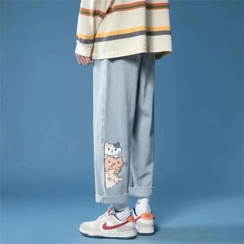 Anime Jeans Girl Women Streetwear Straight Jeans Summer Blue Cotton Cargo Pants Streetwear Cool Harajuku Loose Jeans Female