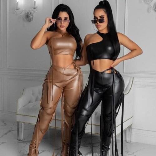 Sexy PU Leather 2 Pieces Set with All Over Strings Women Cut Out Sleeveless Crop Top and Strap Pants Night Club Wear Outfit Suit