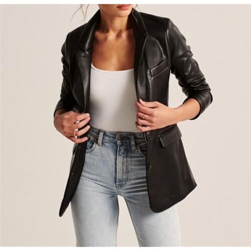 Spain Minimalist Black Soft Vegan Faux Leather Double Breasted Blazer Easy Chic Classic Notched Lapel PU Vinyl Slim-Fit Jacket