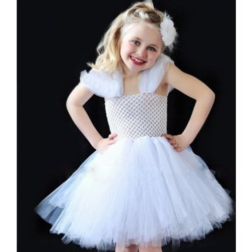 Baby Girls White Crochet Tutu Dress Kids Tulle Dress with Flower Hairbow Children Birthday Party Cosplay Costume Princess Dress