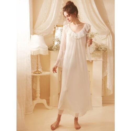 Free Shipping 2021 New Princess Nightdress Womens Long Sweet Nightgown Lace Sleepwear Modal Pink and White Soft Nightshirt