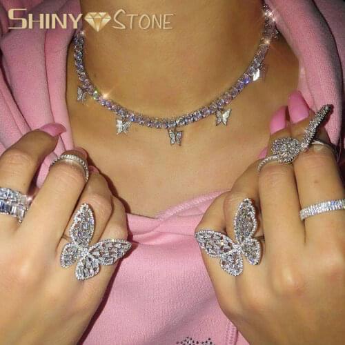 Iced Out Bling Silver Color 5mm CZ Tennis Chain Butterfly Necklaces Luxury Drip Butterfls Charm Choker Hip Hop Women Jewelry
