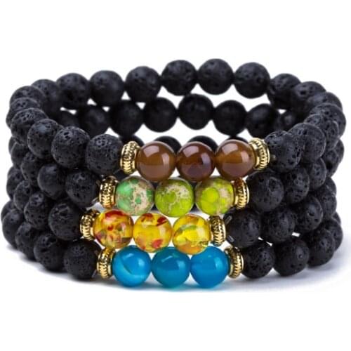 Black 8mm Punk multicolor Agate beads Chakra Reiki Buddha Yoga Bracelet elastic adjustable Volcanic Stone Bangles ryg32