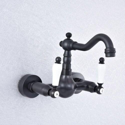 Black Oil Rubbed Bronze Wall Mounted Double Ceramic Handles Bathroom Kitchen Basin Sink Faucet Tap Lsf704