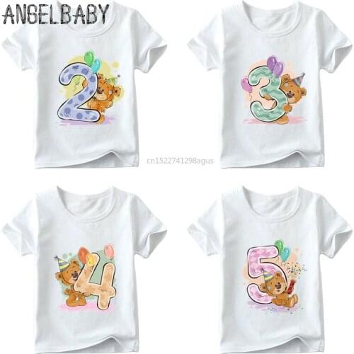 Girls Birthday Bear Number 1-9 Bow Print T shirt Baby Summer T-shirt,Kids Cartoon Winnie Birthday Present Cute Clothes,HKP5237