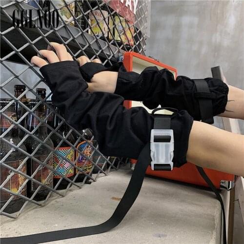 GGLNOO Black Women Gothic Adjustable Ribbon Buckle Cargo Gloves Elbow Fingerless Cool Glove Lady Punk Black Ninja Mittens 2021