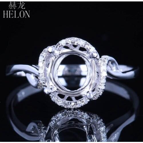 HELON Solid 14K White Gold Pave 0.1ct Natural Diamond Trendy Fine Jewelry Semi Mount Engagement Wedding Ring Fit Round Cut 6.5mm