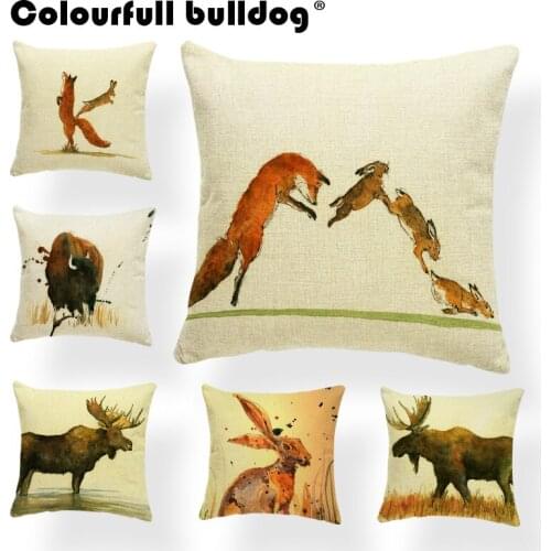Oil Painting Aniaml Pillow Cushion Cover Buffalo Moose Boar Coati Throw Pillow Hare Antelope Panda 43*43 cm Home Office Decorate