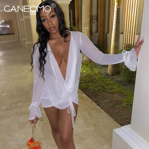 Club Vacation Outfits 2 Piece Set Long Sleeve Backless Sexy Tops + Bodycon Mini Skirt Mesh See Through Lace Up Beach Dress Suits