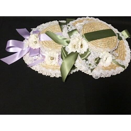 Lolita Tea Party Flat Hat Multilayer Lace Bonnet Floral Ribbon Bow Straw Sun Cap 066F