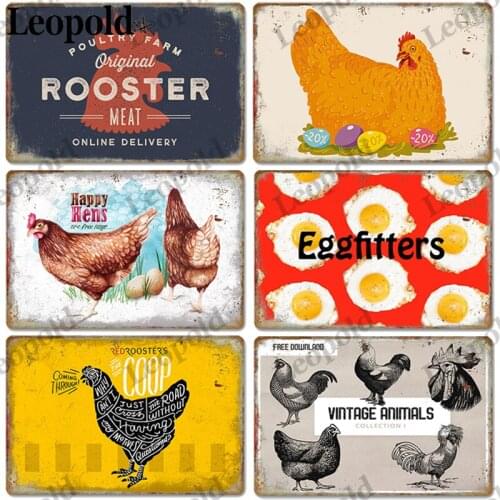 Metal Sign Board Poster Rooster Hen Egg Abstract Letter Retro Wall Sticker Wall Art Kitchen Farm Home Decoration