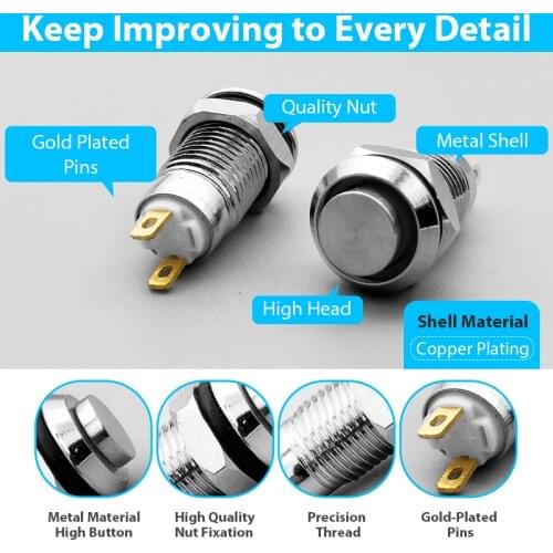 1pc 8mm Self-reset Momentary Self-locking Latching Metal Push Button Switch 2pins high head 2v3v5v12v24v220v