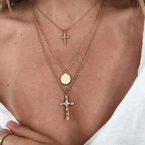 Exaggerated Multilayer Religious Jesus Cross Pendant Necklace Women European Gold Chain Vintage Jewelry Necklace Kolye YN416