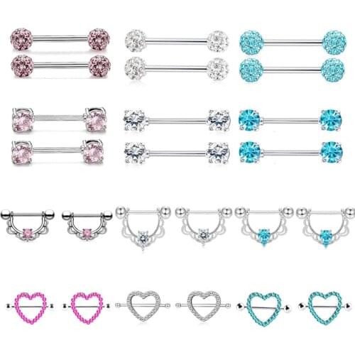 2Pcs Stainless Steel Heart Nipple Piercing Ring Crystal Nipple Barbell Set Tongue Ring Charming Nipple Piercing