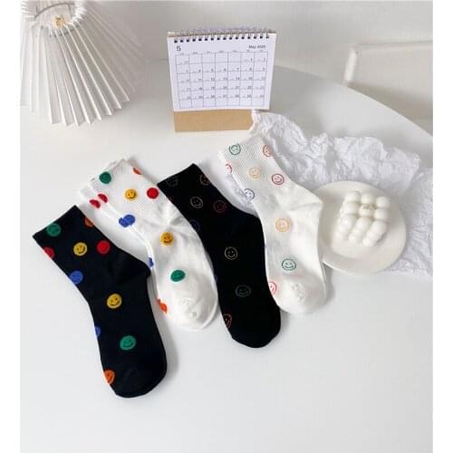 New Designer Socks Women Harajuku White Kawaii Smiley Socks Korean Ins Style White Black Ankle Funny Cotton Socks Dropshipping
