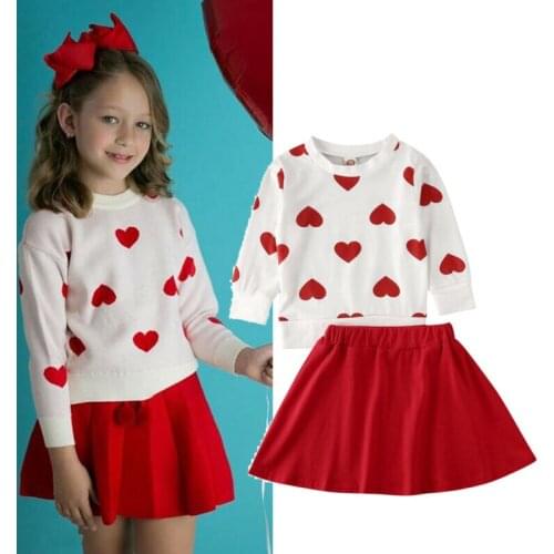 PUDCOCO Newest Toddler Baby Girls Valentines Day Clothes Tops Heart Long Sleeve T-Shirt Skirt Outfits 1-6Y