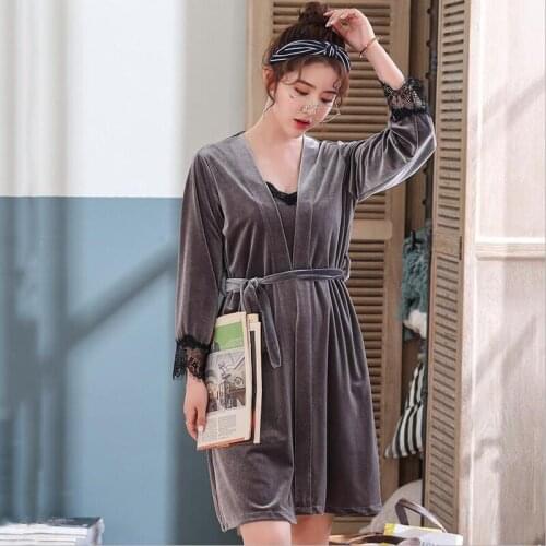 Autumn Winter Velvet Pajamas Home Furnishing Maternal V-Neck Long Sleeve Suit Maternity Sleepwear Pajamas Sling Dress 2 PCs/Set