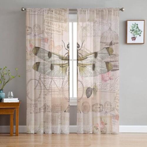 Animal Dragonfly Retro Sheer Curtains for Living Room Bedroom Kitchen Tulle for Windows Voile Drapes Home Decoration