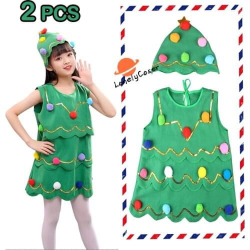 Christmas Elf Cosplay Costumes for Kids Children Santa Claus Green Dress Christmas Tree Cute Girls Outfits Hat Happy New Year
