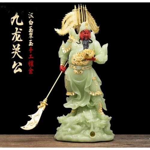 Southeast Asia HOME Shop Company high grade statue GOOD LUCK God of wealth 9 dragons GUAN GONG Mammon jade gilding Buddha statue
