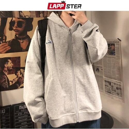 LAPPSTER Autumn Men Oversized Hoodies Cardigan 2020 Autumn Mens Harajuku Sweatshirts Solid Korean Fashions Grey Hooded Hoodie