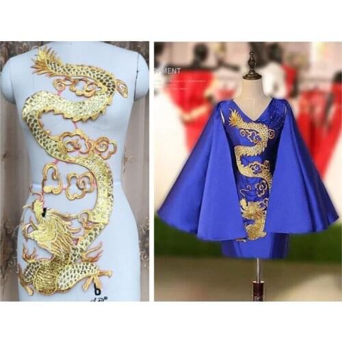 High-quality gorgeous Lace embroidery patches Golden sequins Red Eugen yarn Chinese Dragon Applique for DIY Wedding dress