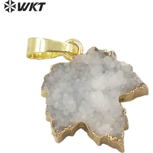 WT-P1669 WKT Newest gold fashion druzy quartz in natural color pendant small hand carved druzy maple leaf pendant