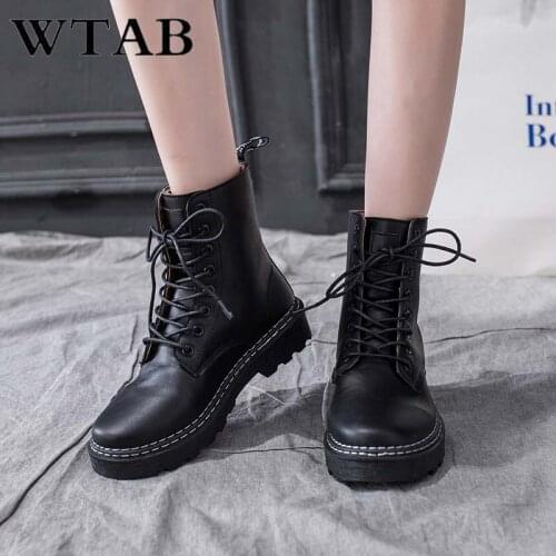 WTAB New Marten Platform Brushed Boots Women Shoes Autumn Winter Fur Fashion Warm Lace-up Leather Snow Boots Ladies Shoes 35-40
