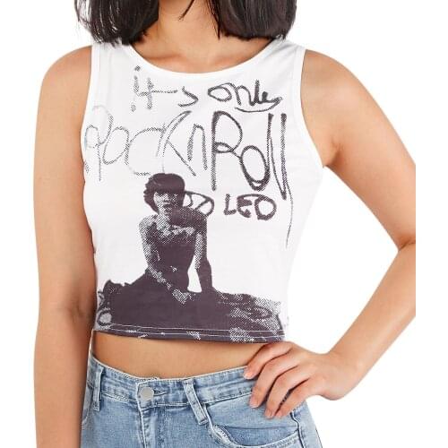 Women Summer Tank Tops Adults Casual Letter And Human Figure Print Round Neck Pullover White