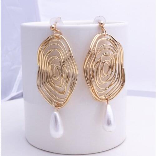 Korean Fashion Simulated Pearl Drop Earrings for Women Geometric Metal Pendant Earrings Wedding Party Jewelry Accessories