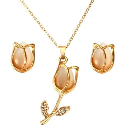 Golden Plated Jewelry Sets For Women Luxury Wedding Bridal Rhinestone Flower Jewelry Set Opal Cats Eye Necklace Earrings Set