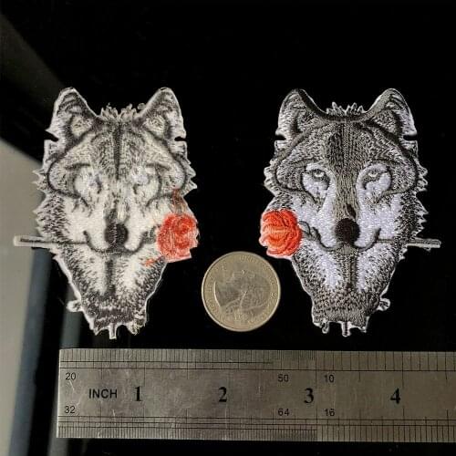 2Pcs Beauty and the Beast Husky Steppe Wolf Alpha Animal Rose Flower Embroidery Patch Sew Iron on Fabric DIY