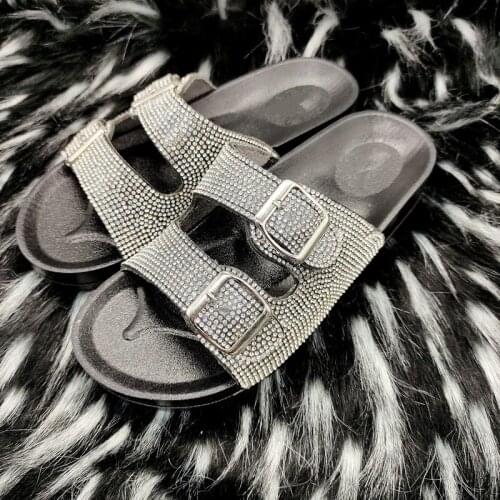 2021 New Large Size Double Buckle Diamond Cork Bottom Beach Slippers Flat Bottom Casual Outdoor Wear Womens Slides Beach Shoes