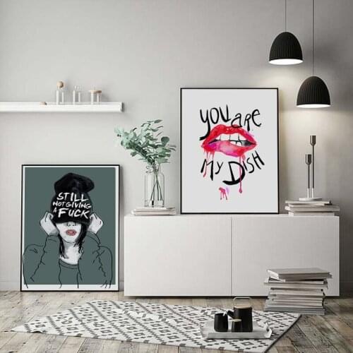 Abstract Fashion Hat Girl and Red Lips Letters Canvas Wall Art Minimalist Print Painting Nordic Poster Picture Living Room Decor