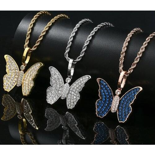 Hip Hop Gold AAA CZ Zircon Paved Bling Butterfly Pendant & Necklace For Men Women Rapper Jewelry With 60cm Rope Chain