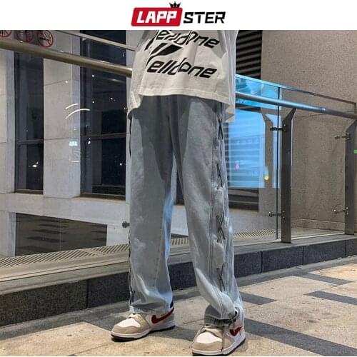 LAPPSTER Men Baggy Y2k Solid Black Jeans Pants 2021 Mens Harajuku Wide Leg Denim Trousers Male Casual Patchwork Vintage Joggers