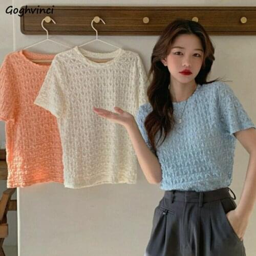 Summer Short Sleeve T-shirts Women Hollow Out Solid Gauze Ladies Tops Korean Style All-match Chic Small Fresh Lace Streetwear