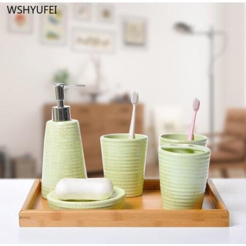 Ceramic simple pastoral green bathroom accessories set washing tools mouthwash cup soap toothbrush holder household items