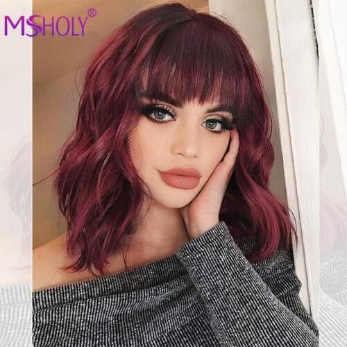 Curly Bob Wig With Bangs Synthetic Red Burgundy Pink Blonde Purple Wig Cosplay Short Bob Natural Wavy Hair Wigs For Women Msholy