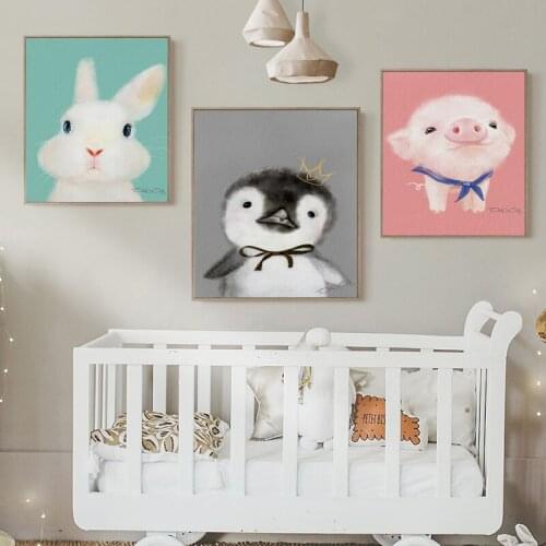 Cute Watercolor Plush Animals Canvas Painting Penguin Pig Rabbit Poster And Print Wall Art Pictures For Baby Room Home Decor