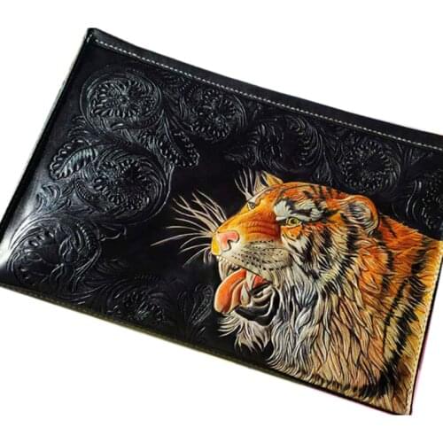 Handmade Men Vegetable Tanned Leather Bag Money Holder Cowhide Horse Tiger Clutch Purse Clutches Envelope Gifts