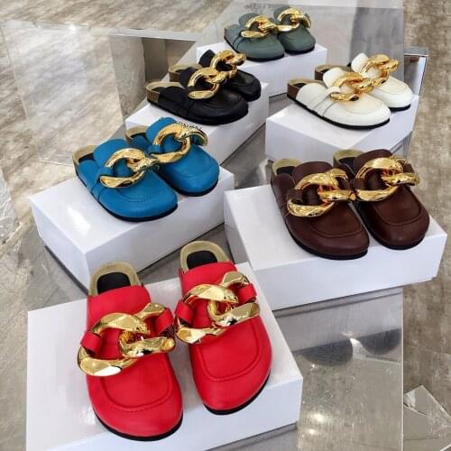 Gold Chain Closed Toe Slippers Women Genuine Leather Thick Sole Mules Woman Round Toe Low Heels Mules for women 2021 Shoes Women